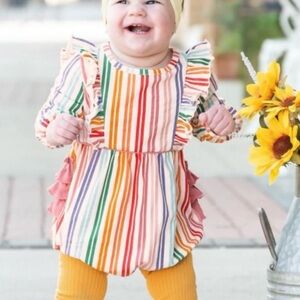 Ruffle Butts Rainbow Stripe Ruffle Long Sleeve Bodysuit, Baby Girl 3–6M Romper